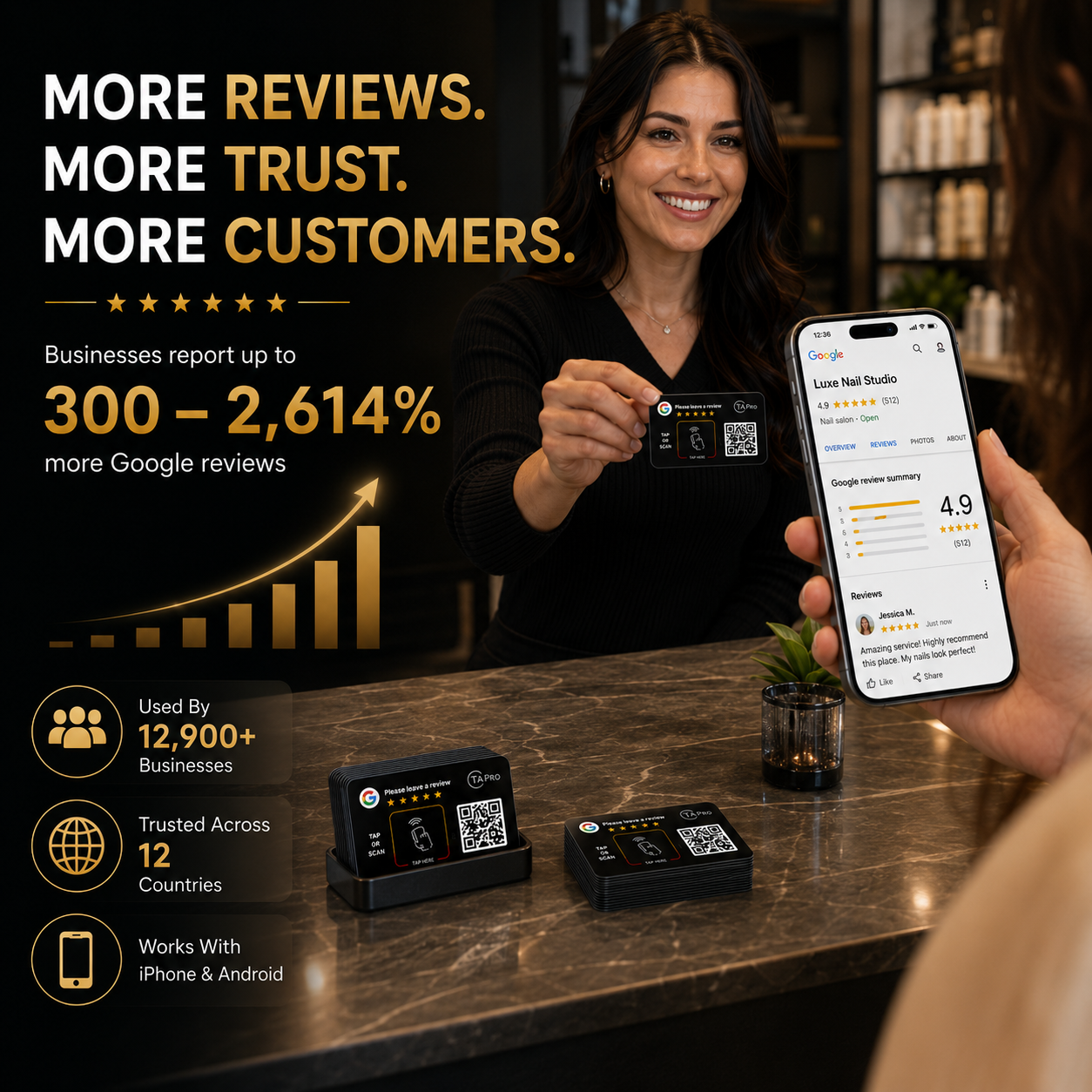 Black NFC review card with QR code and tap icon, used for Google reviews at salon counter, boosting customer feedback and ratings.