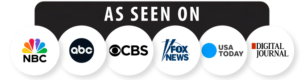 As seen on NBC, ABC, CBS, Fox News, USA Today, and Digital Journal logos displayed in white circles under black banner