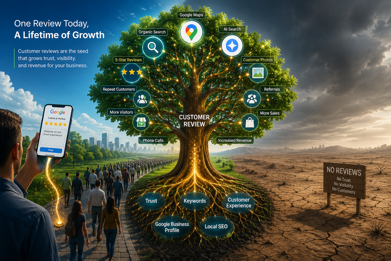 Illustration showing a Google review growing into a large digital tree whose branches become keywords, customer trust, Google Maps visibility, repeat customers, local SEO, photos, and long-term business growth.