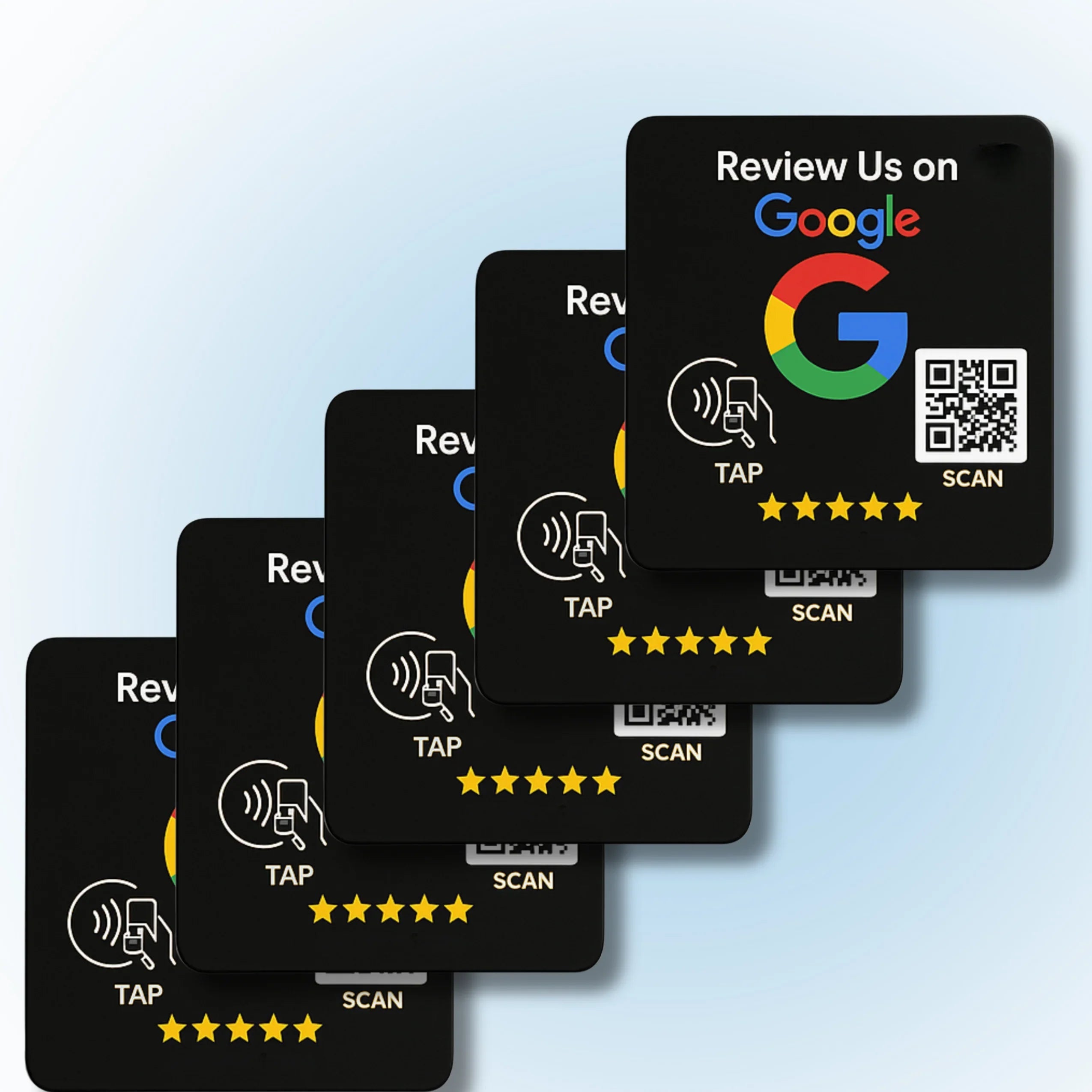 Black cards stacking with Google logo and instructions to tap or scan for reviews with five gold stars
