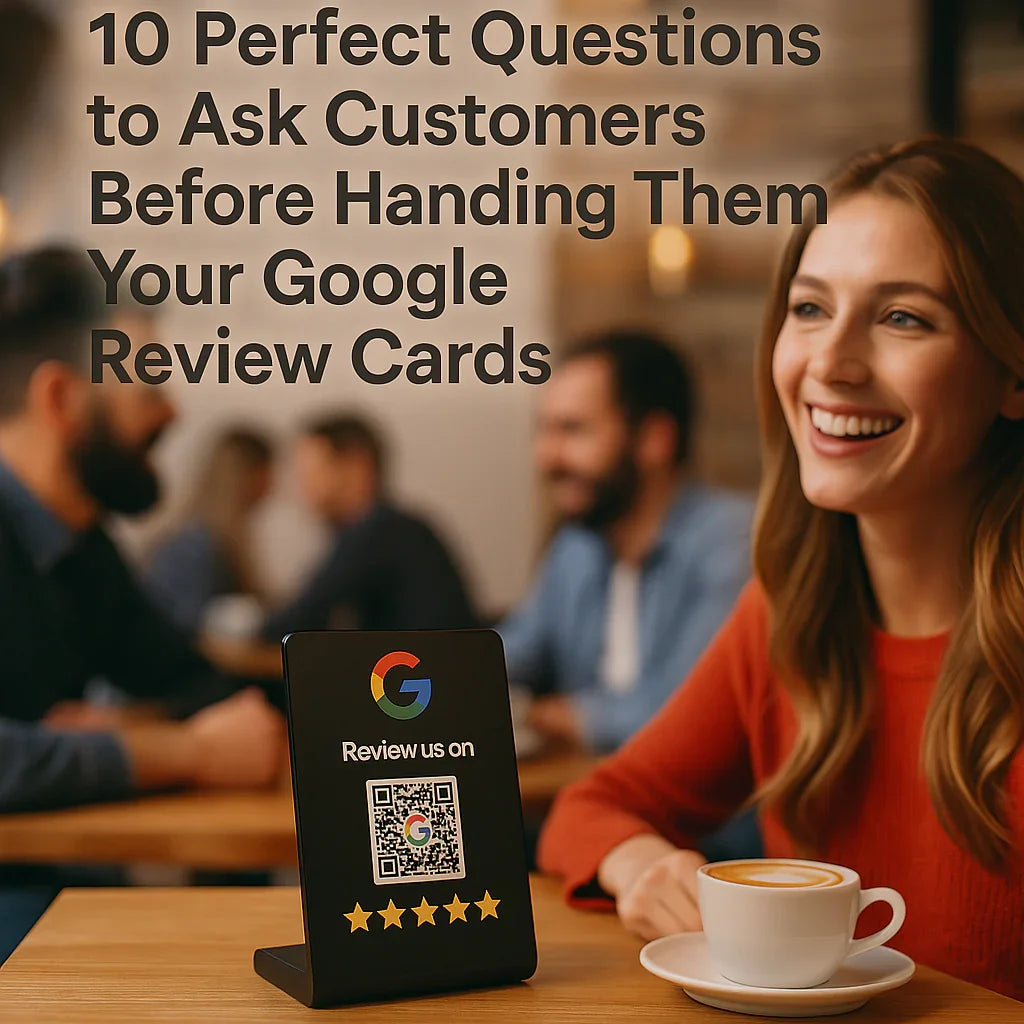 Smiling woman at coffee shop table with Google review QR code card and text about asking customers perfect questions