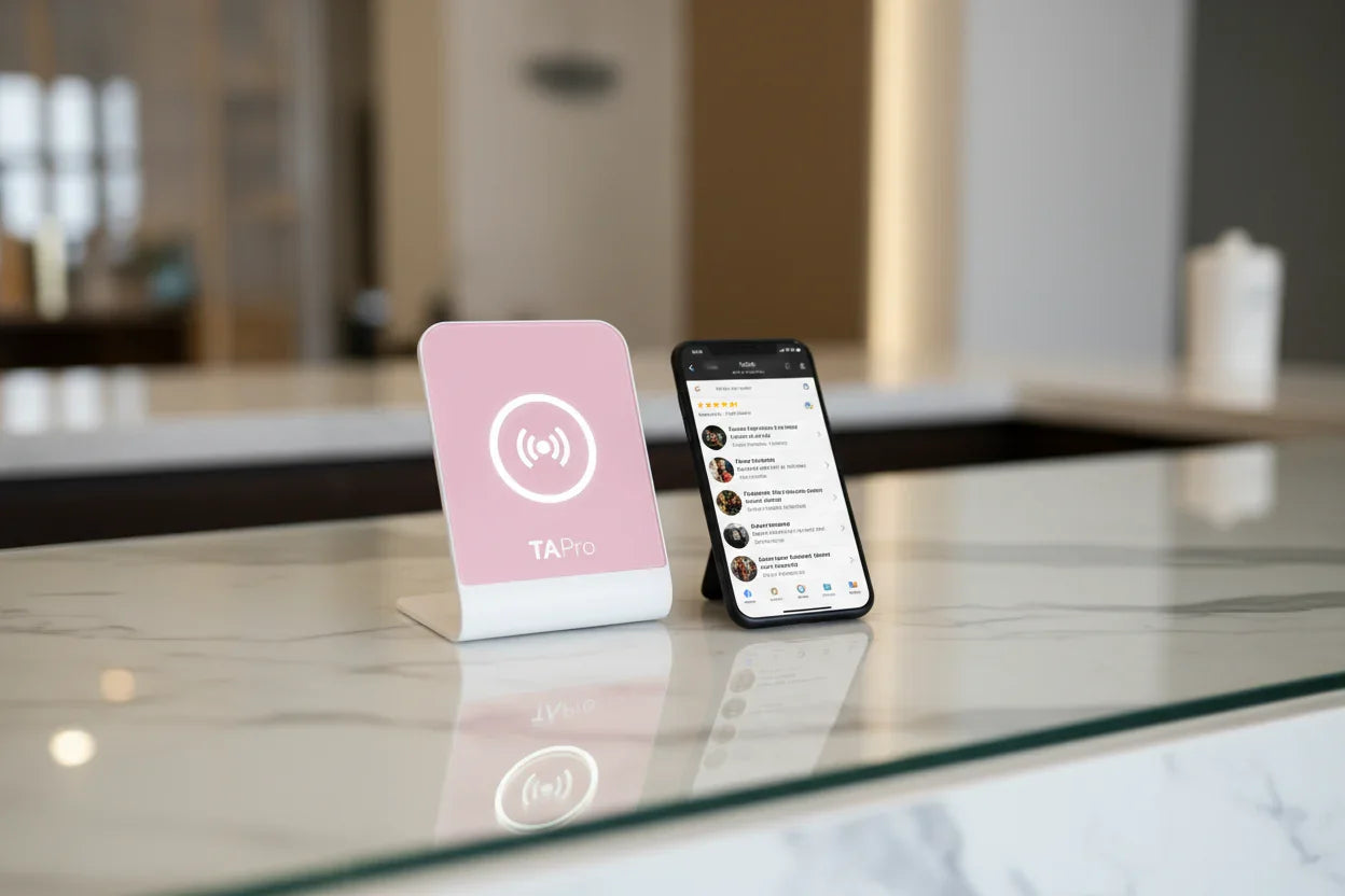 Modern business counter with sleek glass countertop featuring pink NFC TapPro review stand and smartphone