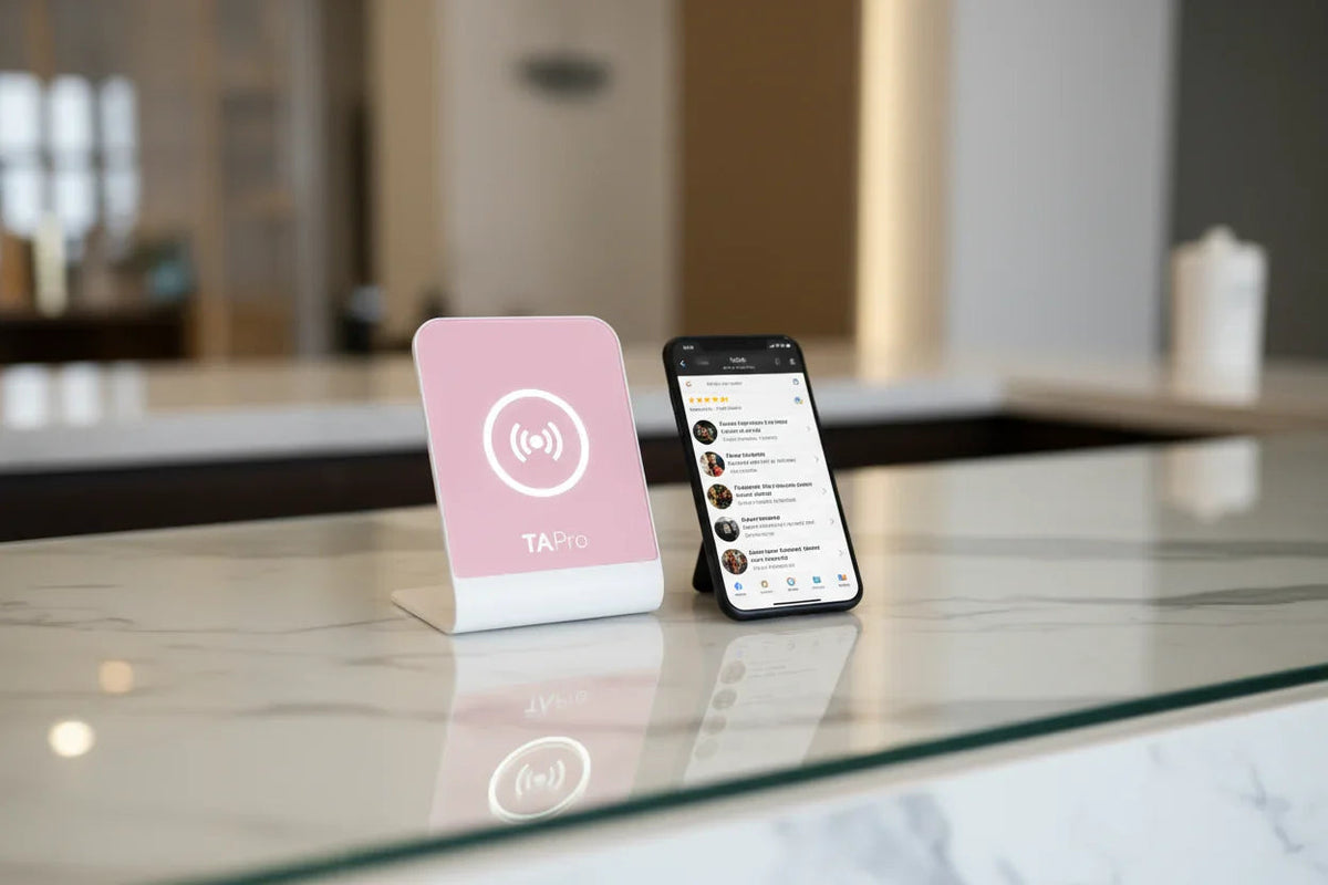 Modern business counter with sleek glass countertop featuring pink NFC TapPro review stand and smartphone