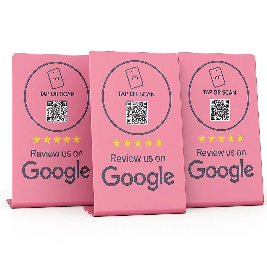 Three pink Google review stands with QR codes and NFC icons, each showing five yellow stars