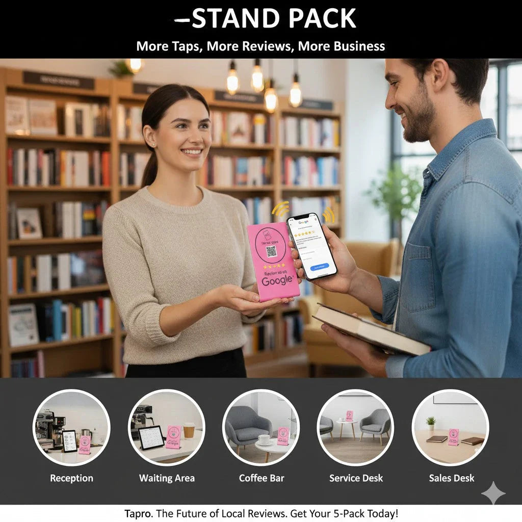 Woman showing pink Google review NFC QR code stand to man using smartphone in bookstore setting