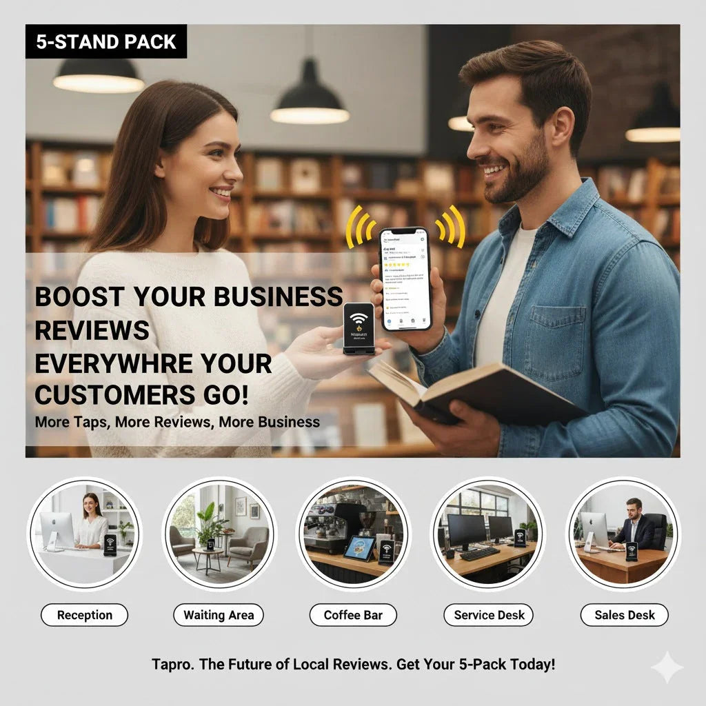 Smiling man scanning QR code on 5-pack Google review stand held by woman in library setting