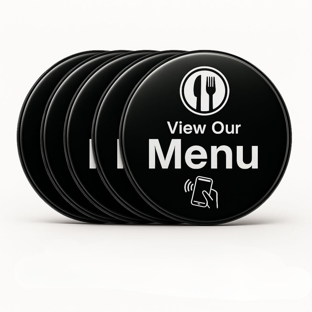 Black circular NFC menu buttons with tap-to-view icon, for contactless dining and customer feedback collection