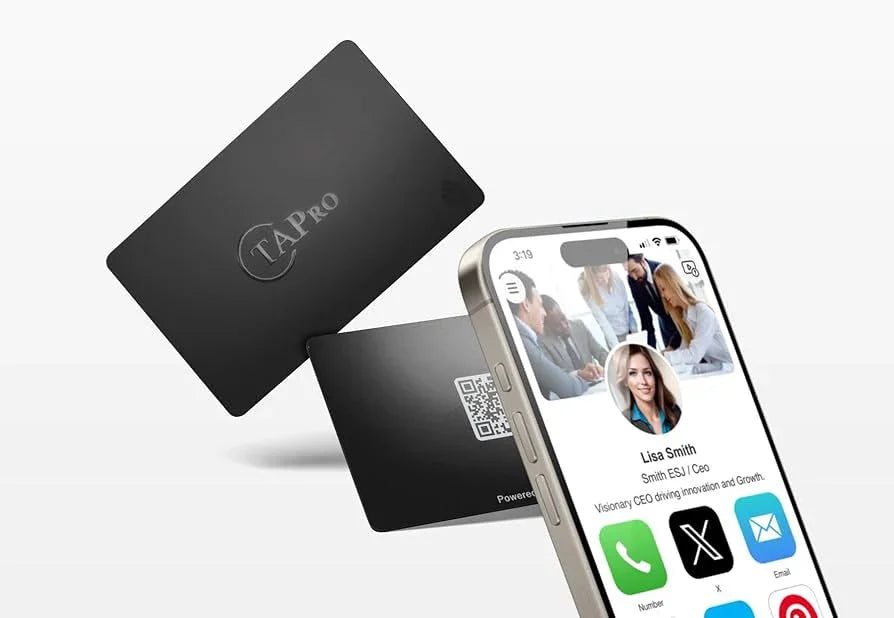 Digital business card with QR code alongside smartphone showing Lisa Smith's contact profile and social icons