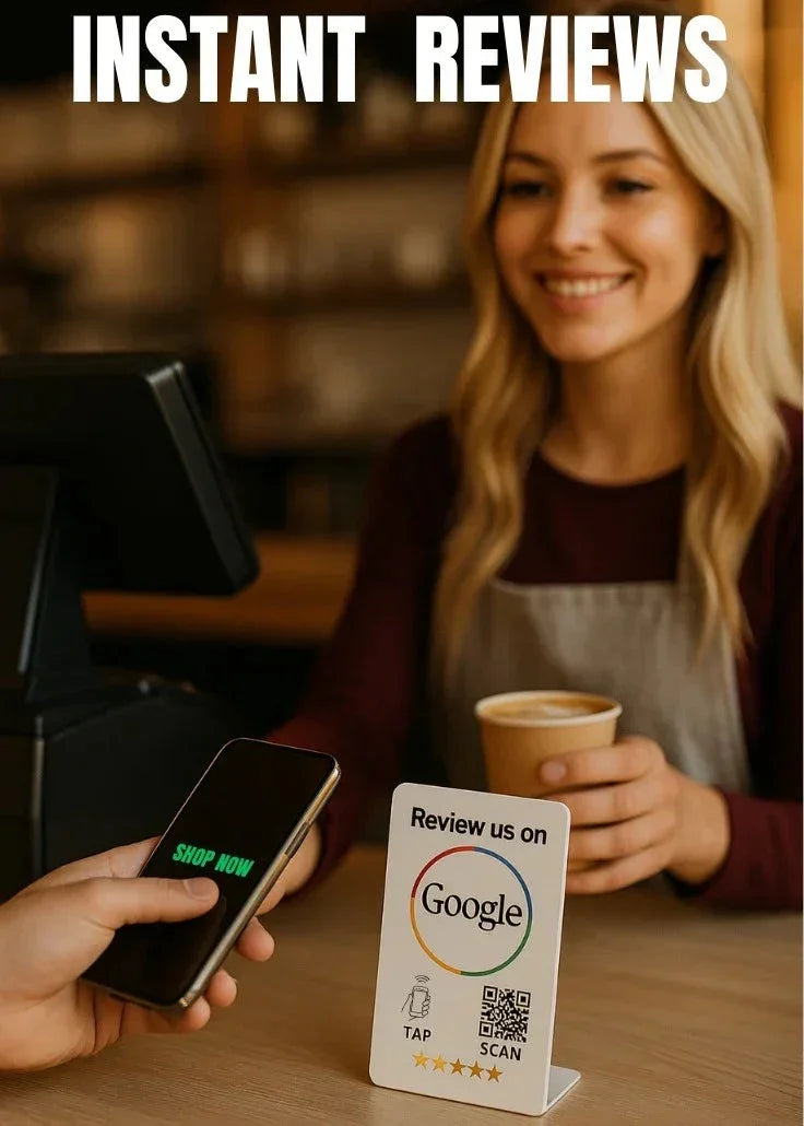 Customer holding phone with 'Shop Now' near Google review NFC stand and smiling barista with coffee