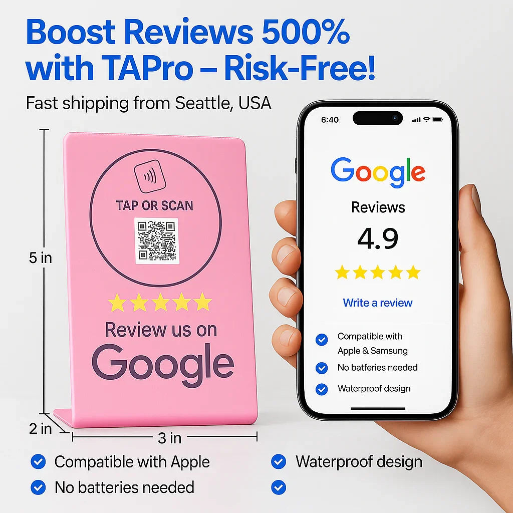 Pink TAPRO Google review QR code stand 5x3 inches next to phone showing 4.9-star Google reviews