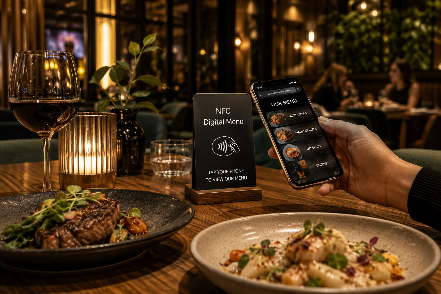 Customer viewing a restaurant digital menu using an NFC table card with contactless smartphone tap technology and QR code menu access.