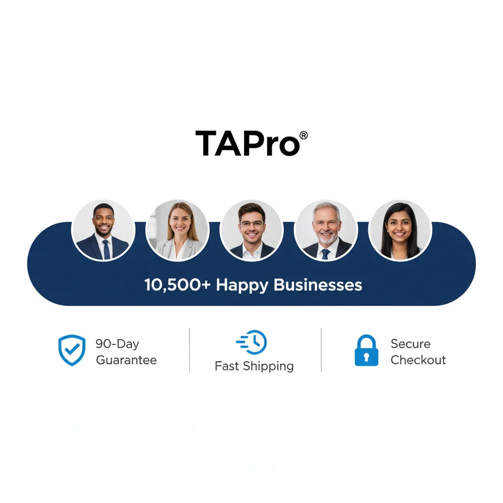 TAPro logo with five diverse business professionals above text 10,500+ happy businesses and icons for 90-day guarantee, fast shipping, secure checkout