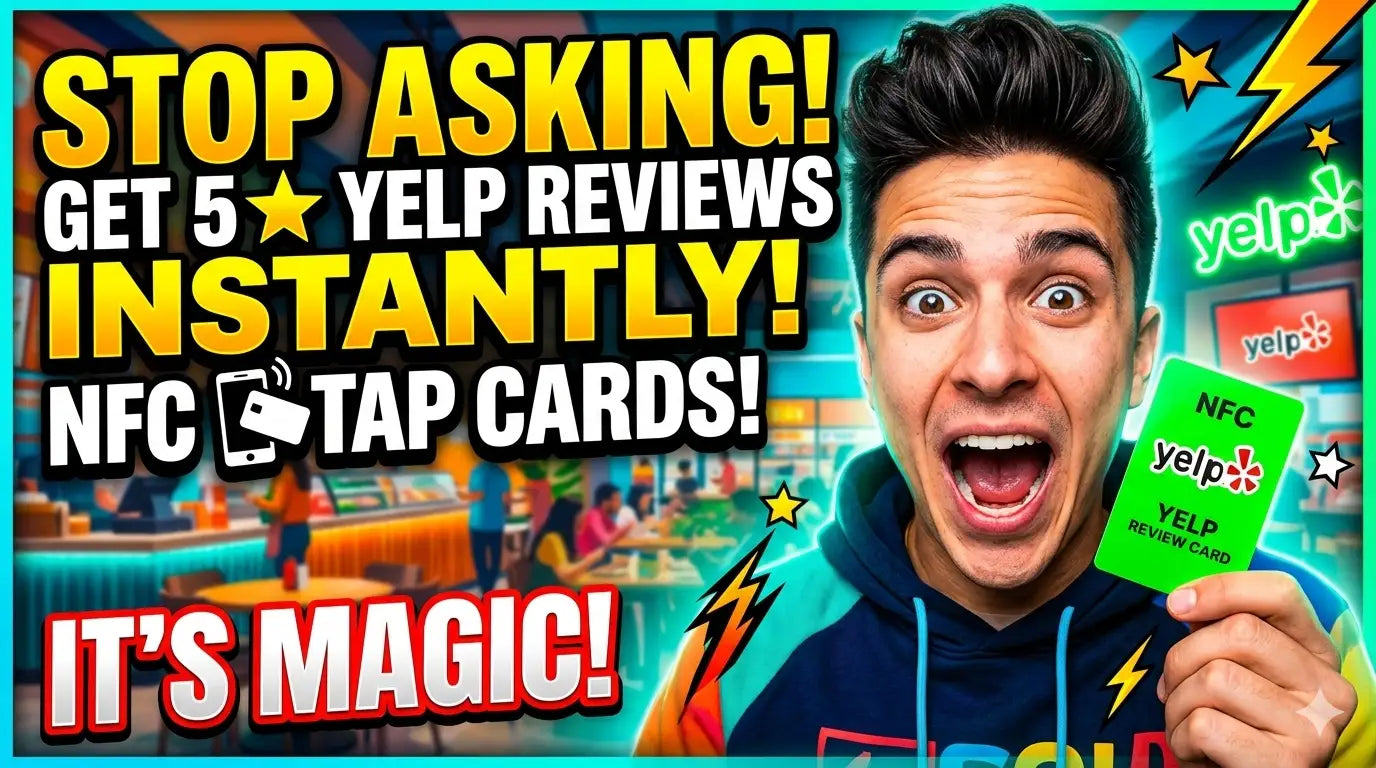 NFC Yelp Review Card tap technology allowing customers to instantly leave Yelp reviews using contactless NFC and QR code scanning