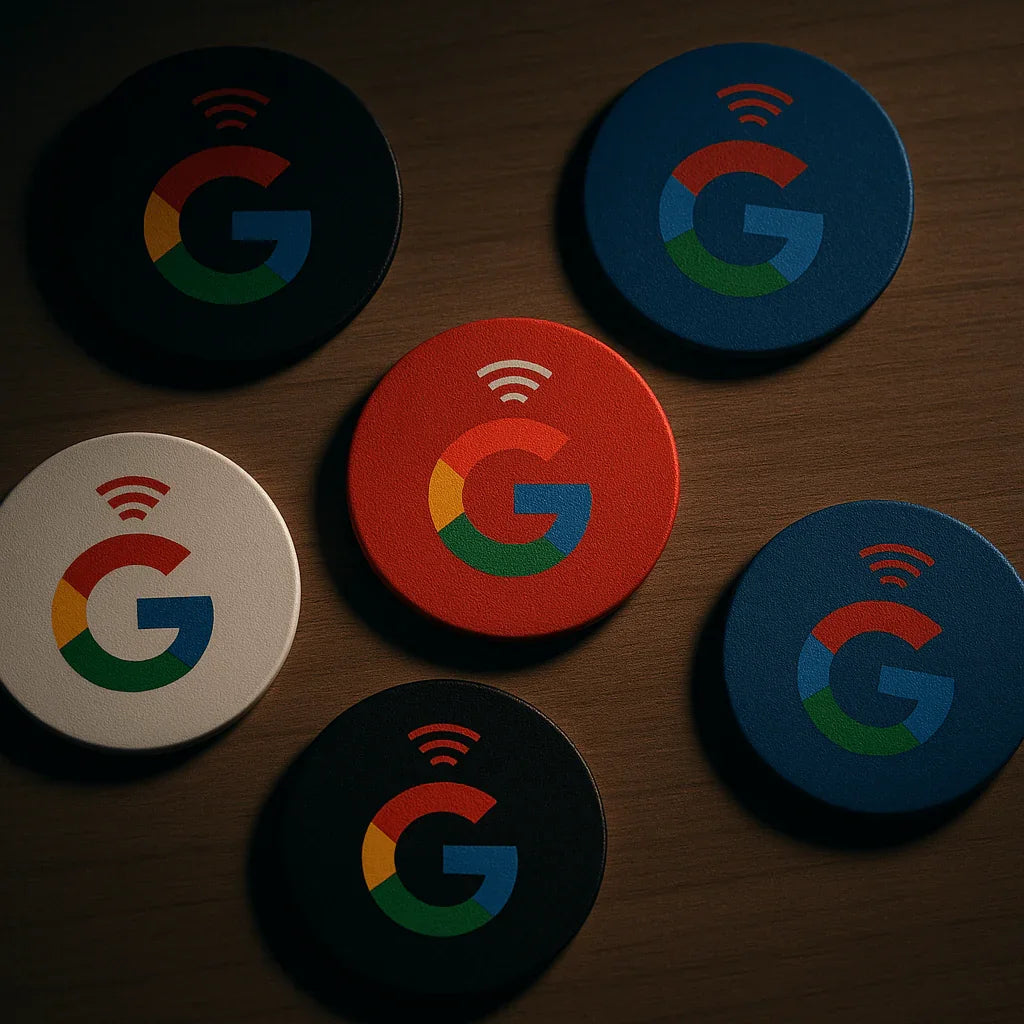 Assorted circular Google NFC tap tags in black, blue, red, and beige on wooden surface