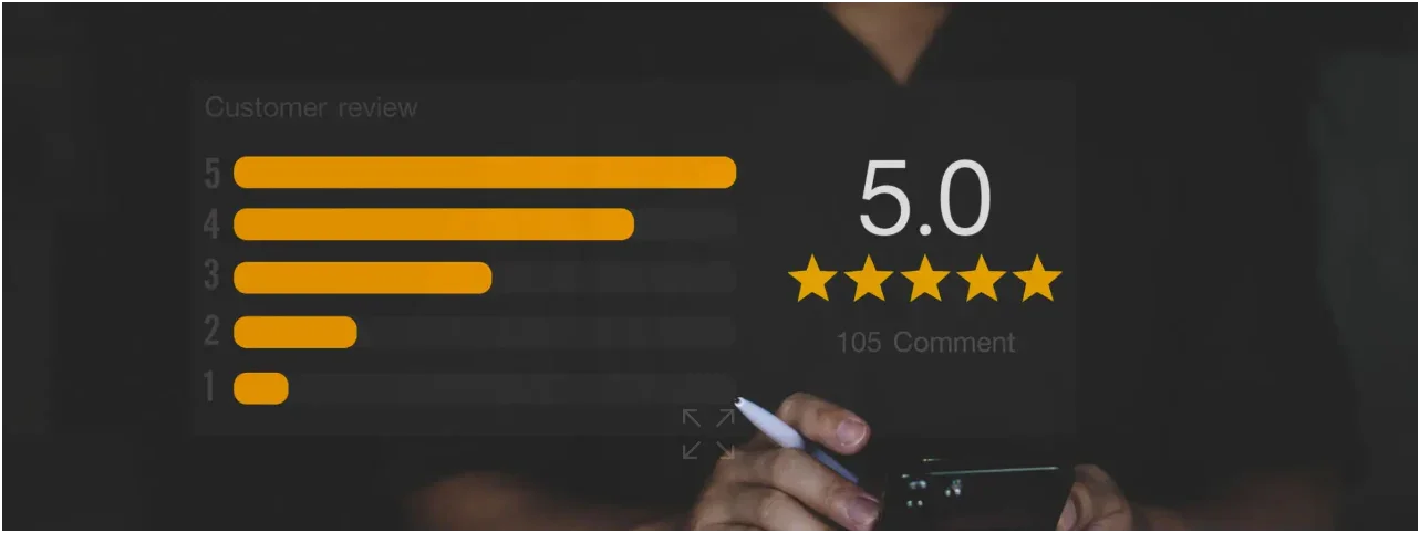 Customer review rating dashboard showing 5.0 stars with 105 comments and orange bar graph