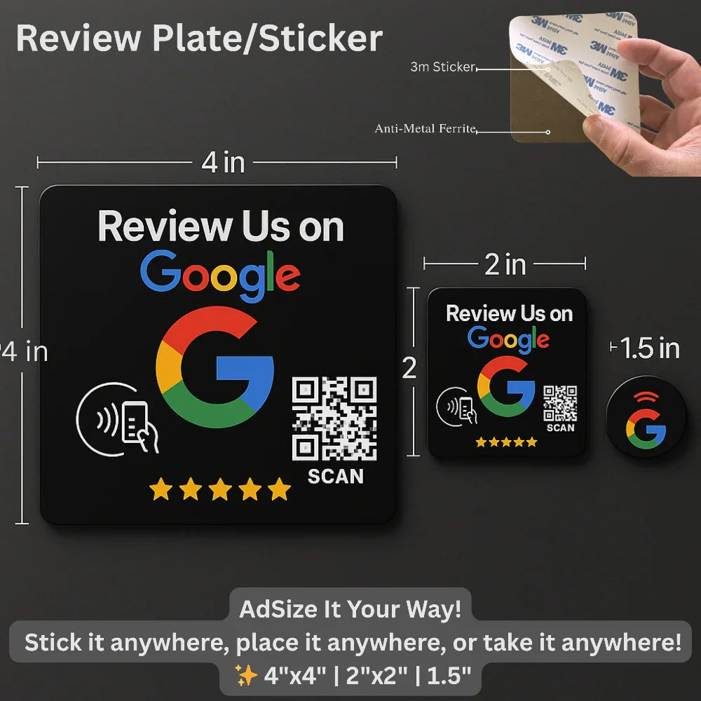 Google Review Plate/Sticker in three sizes with QR code, NFC symbol, 5-star rating, and 3M adhesive sticker