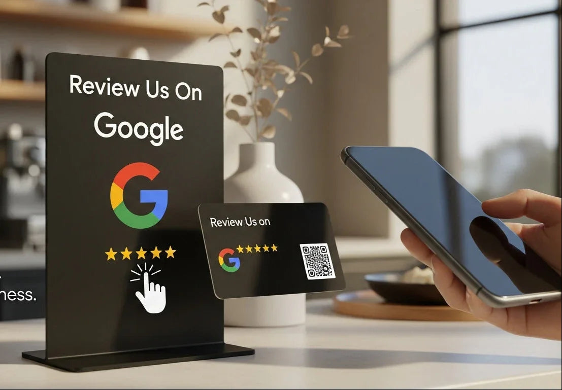 Google review stand and card on table with five-star rating prompt, hand holding smartphone scanning QR code