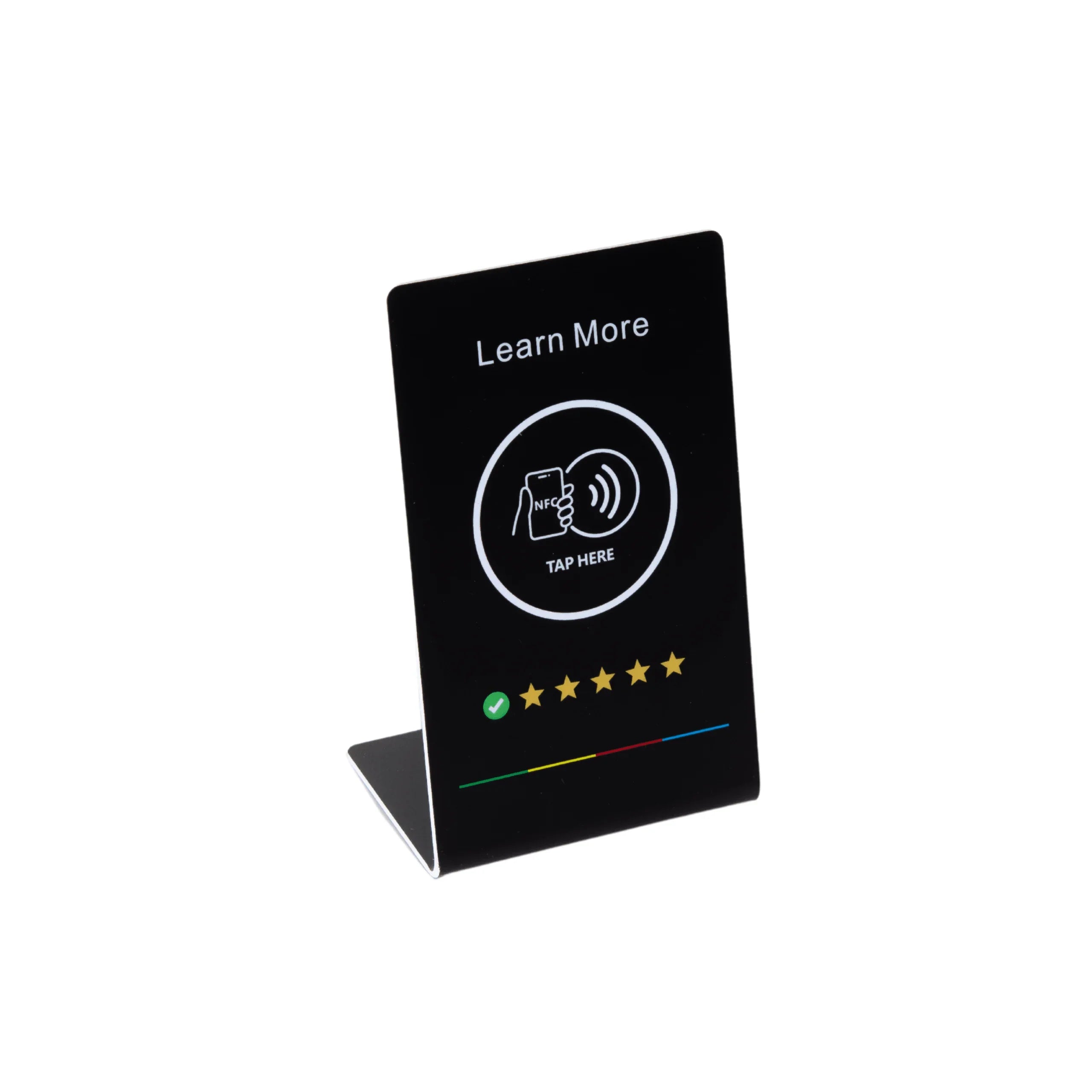 Black NFC stand sign with Learn More text, tap here icon, and five gold stars rating