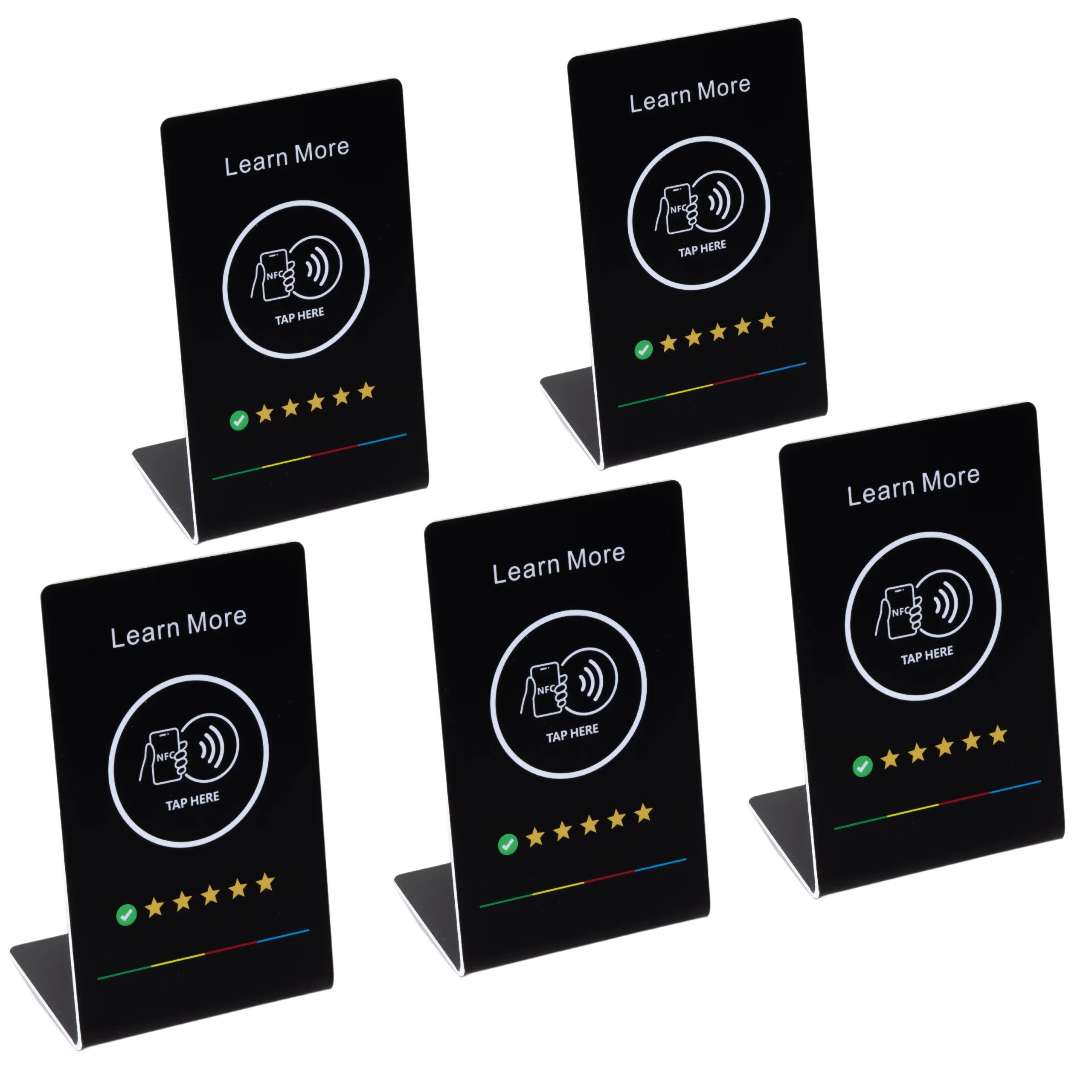 Set of five black NFC stand holders with Learn More text, TAP HERE icon, and five-star rating