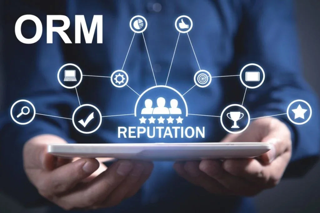 Hands holding tablet with digital icons and text ORM Reputation for online reputation management