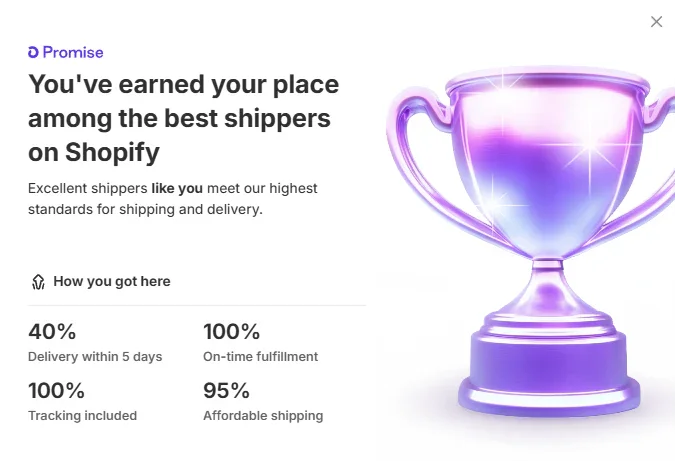 Purple trophy beside Shopify message recognizing top shippers with delivery and fulfillment stats