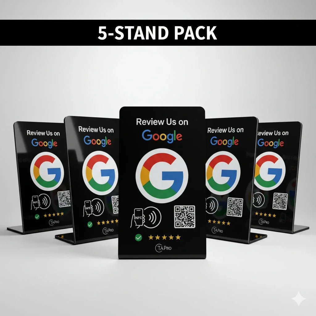TAPro Tap Google Review Stand on counter near POS