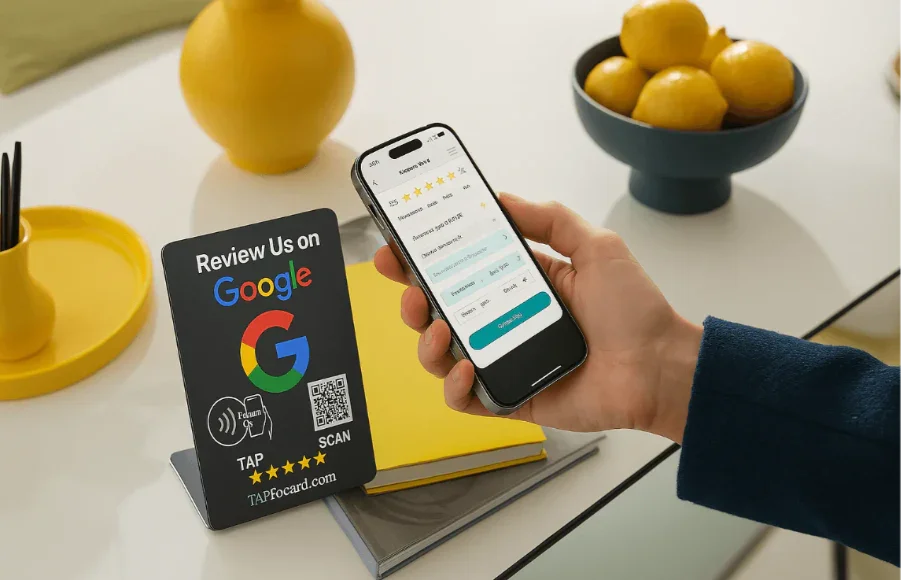 Person using smartphone to leave a Google review by tapping or scanning a QR code on a desk sign