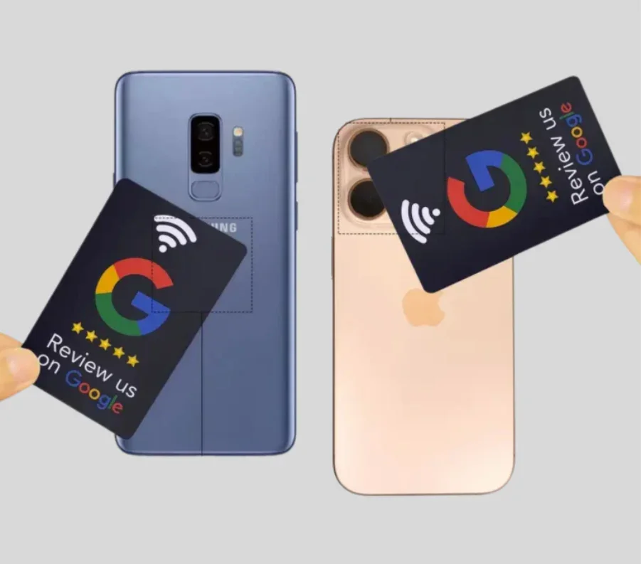 Two smartphones, Samsung and Apple, with hands holding 'Review us on Google' NFC cards for contactless reviews