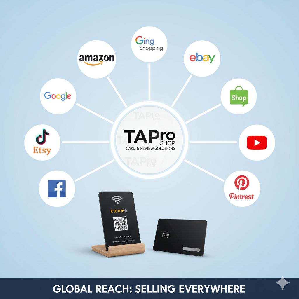 TAPro products sold nationwide across Amazon, Shopify, Etsy, eBay, Google Shopping, and Shop App with NFC Google Review stands and cards available online