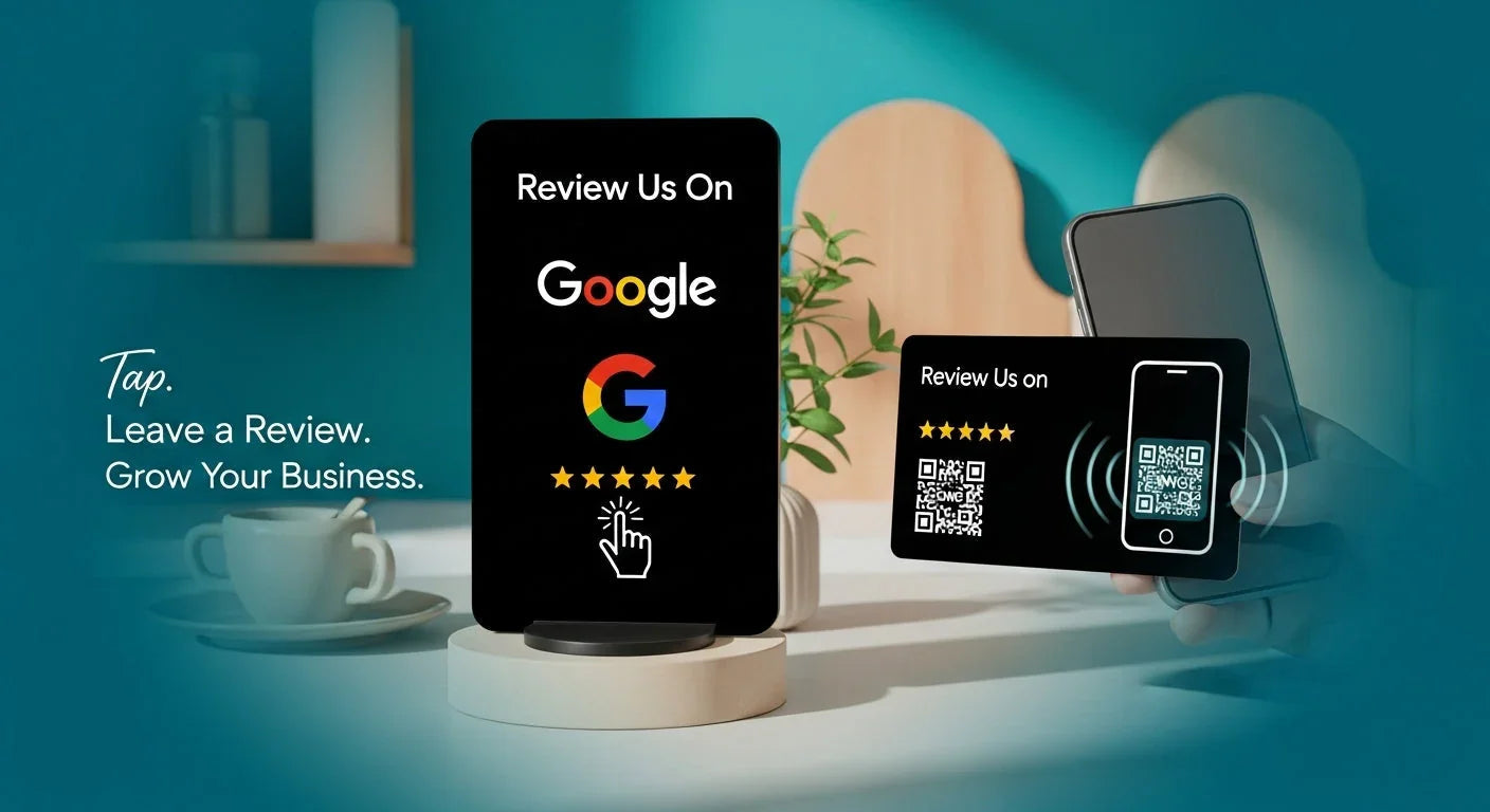 Black digital sign and smartphone scanning QR code for Google reviews in modern office setting
