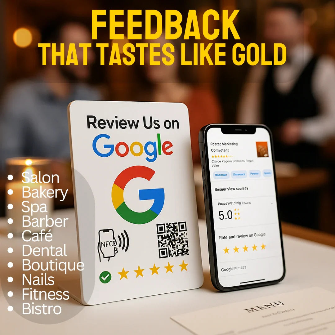 Google review stand with NFC and QR code beside phone showing 5-star Google reviews in a restaurant setting