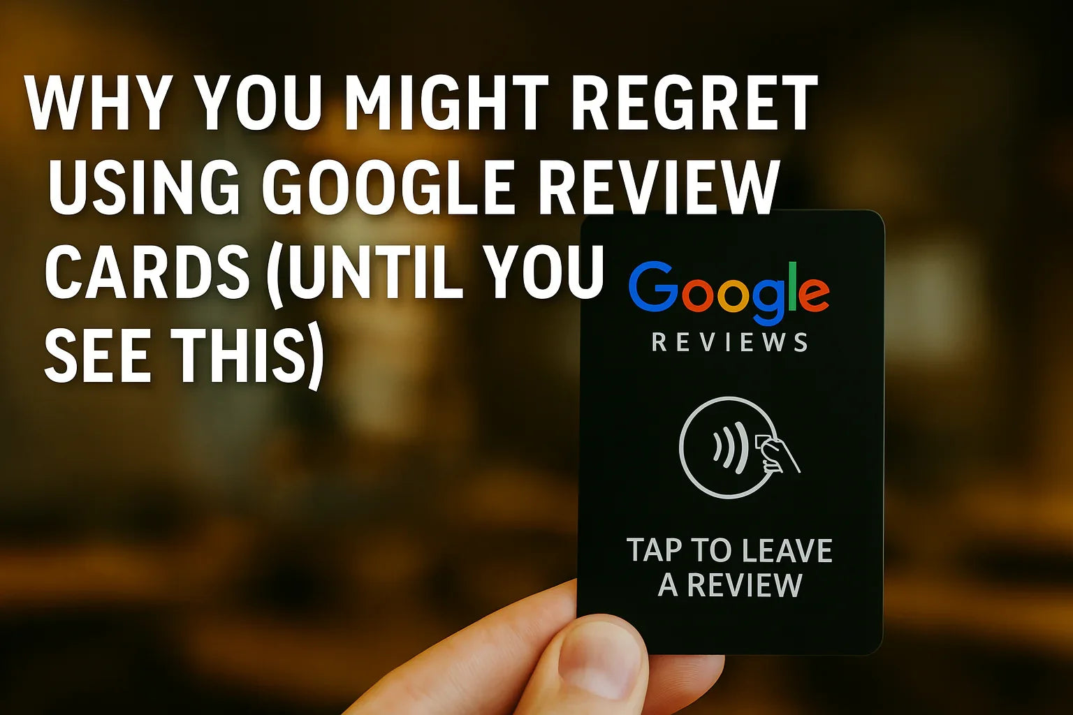 Hand holding a black Google review card with text warning about regrets of using Google review cards