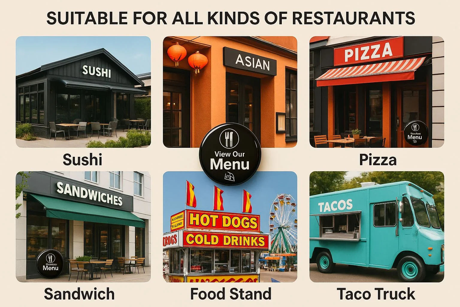 Collage of various restaurant types including sushi, Asian, pizza, sandwich shops, food stand, and taco truck with outdoor seating