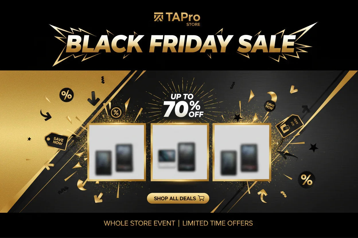 TAPRO Store Black Friday sale banner with up to 70% off on products, gold and black design