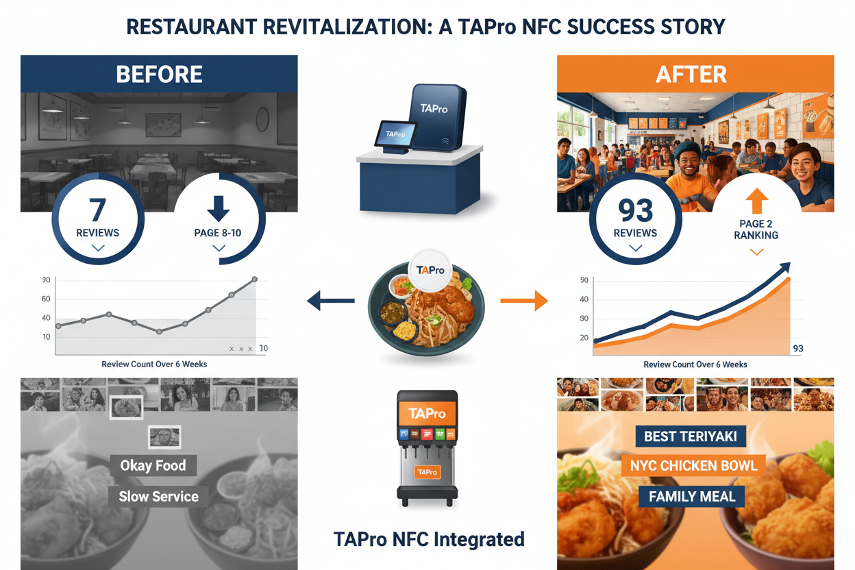 Comparison of restaurant reviews and ratings before and after TAPRo NFC integration showing improved customer satisfaction and increased review count
