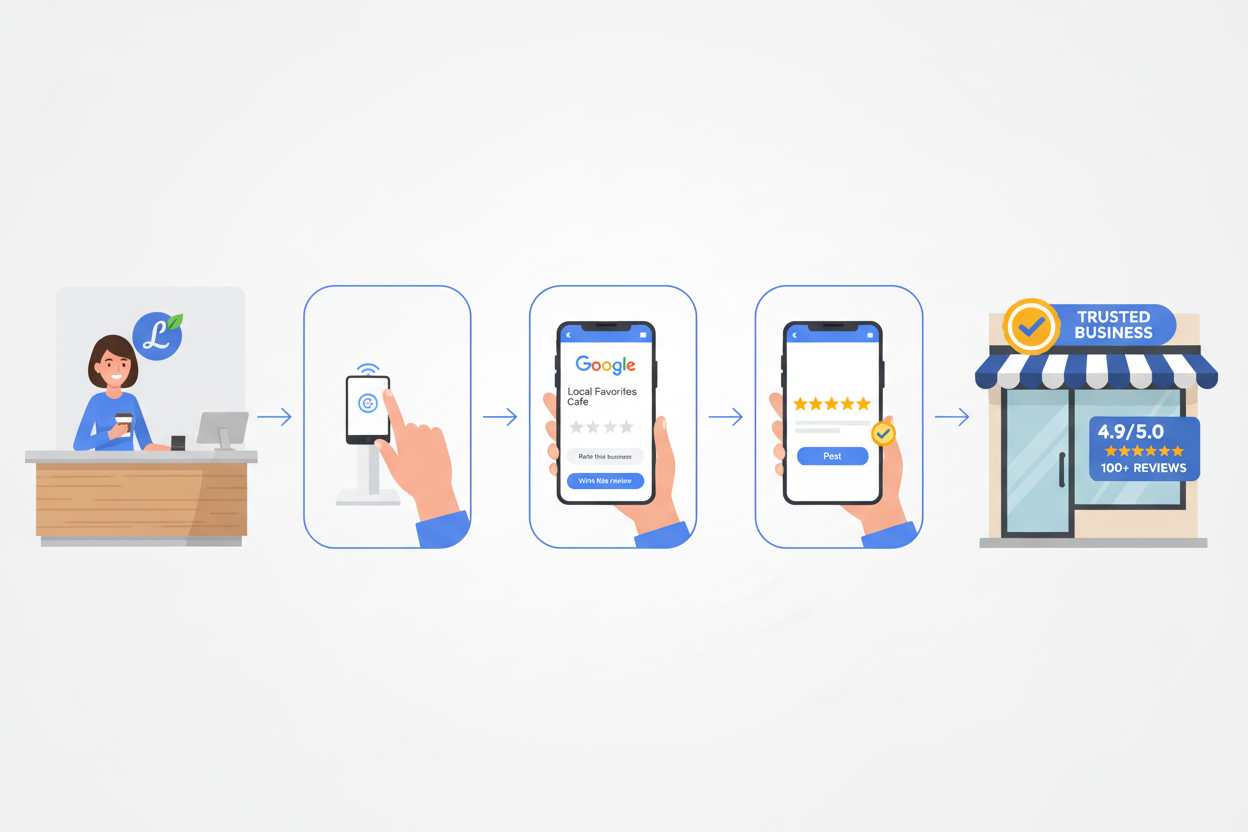Customer taps NFC stand to leave Google review, boosting local business ratings with instant 5-star feedback