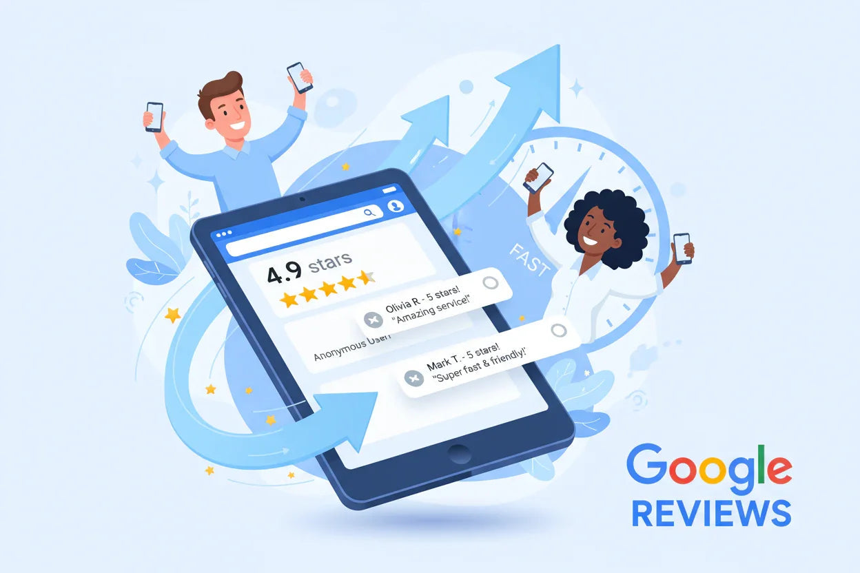 Illustration of happy people with smartphones and a tablet showing 4.9 star Google reviews fast