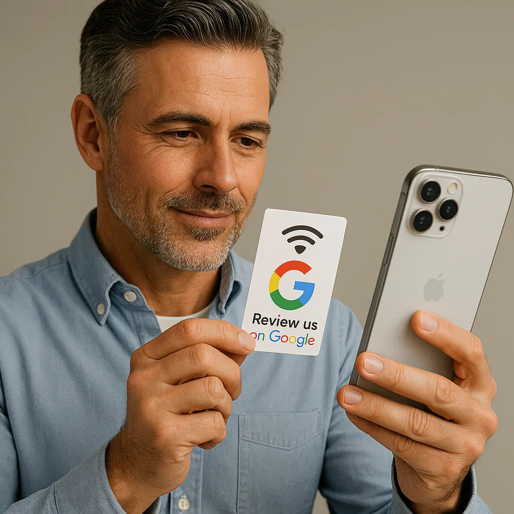 Customer tapping an NFC Google Review Card to open a business review page on a smartphone