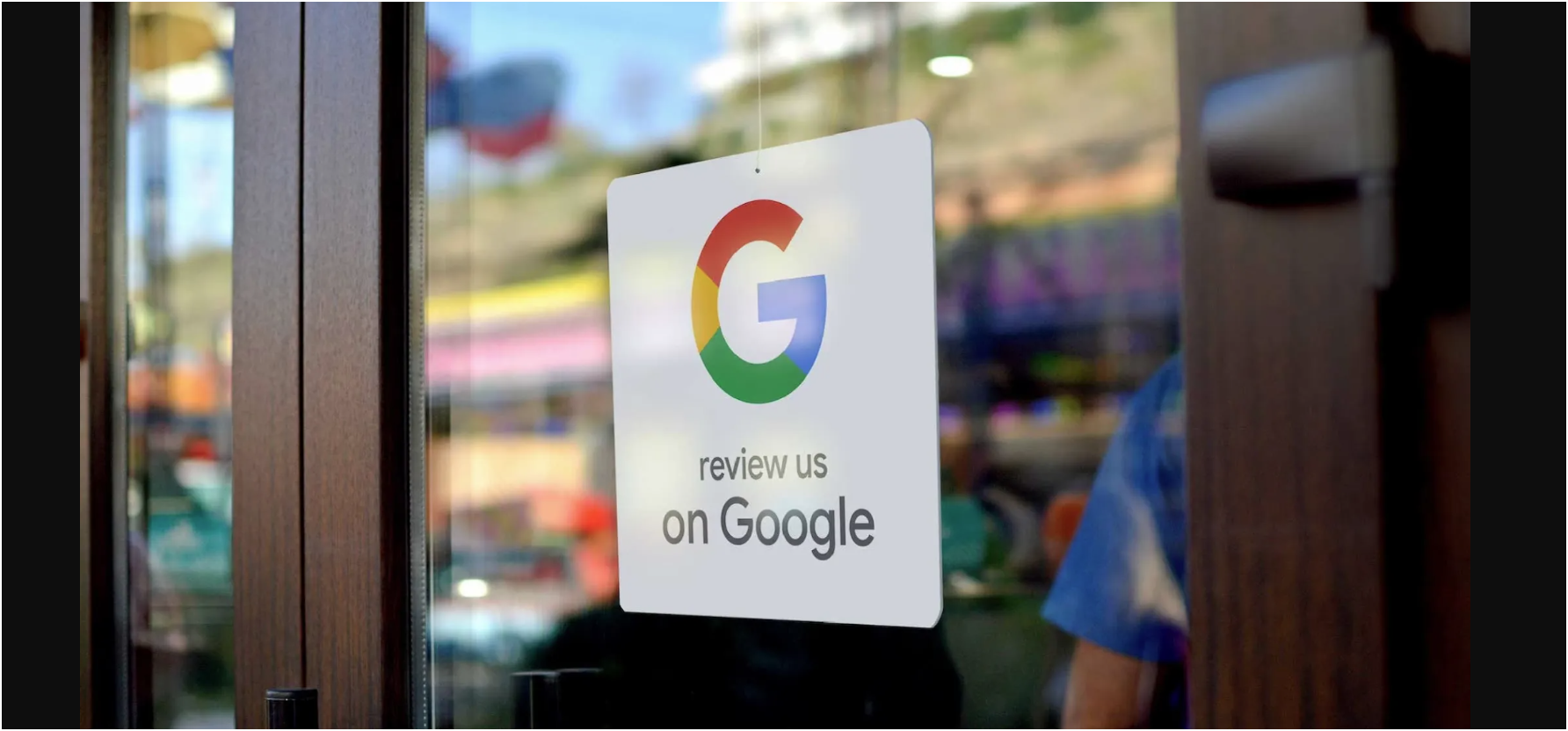 Google Review Stands Los Angeles , Review product on a window door of the fine restaurants that uses tapro products 