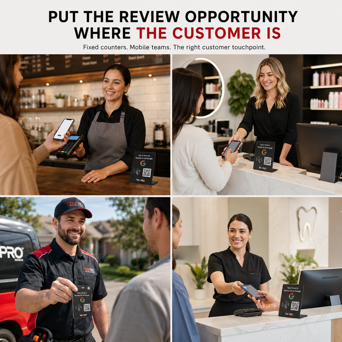 Texas restaurant, salon, contractor, and dental office using NFC and QR Google review products