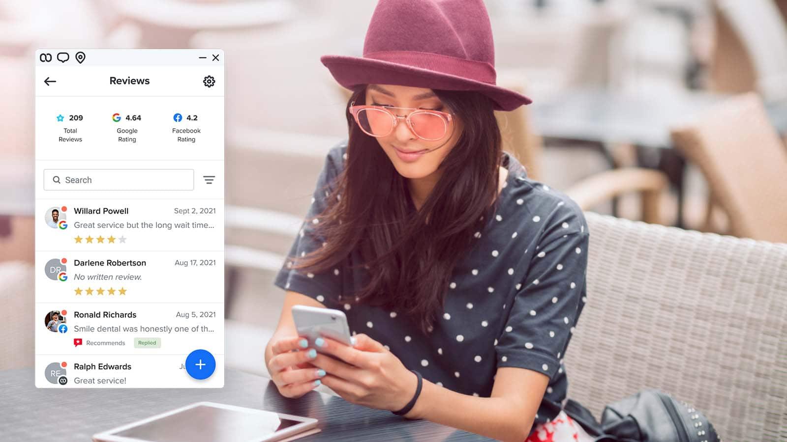 Woman with pink hat and glasses using smartphone showing Google and Facebook review ratings on screen