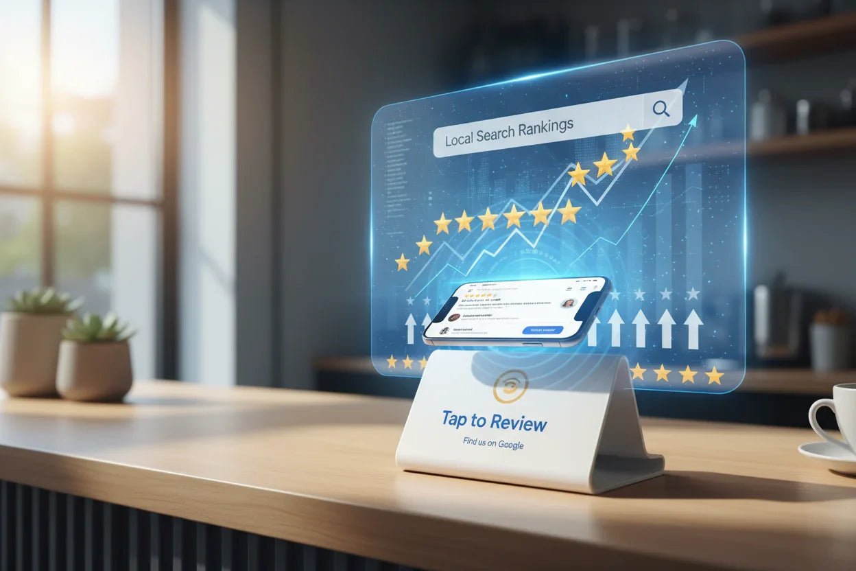 NFC Google review stand on wooden table with smartphone and local search rankings graph