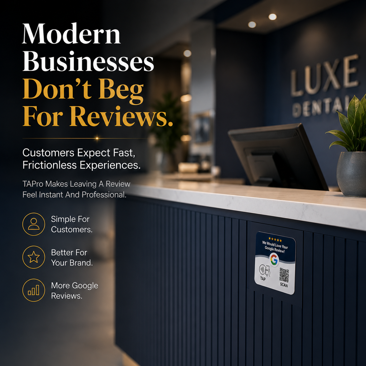 NFC review card on dark blue counter for instant Google reviews via tap or scan, boosting customer feedback.