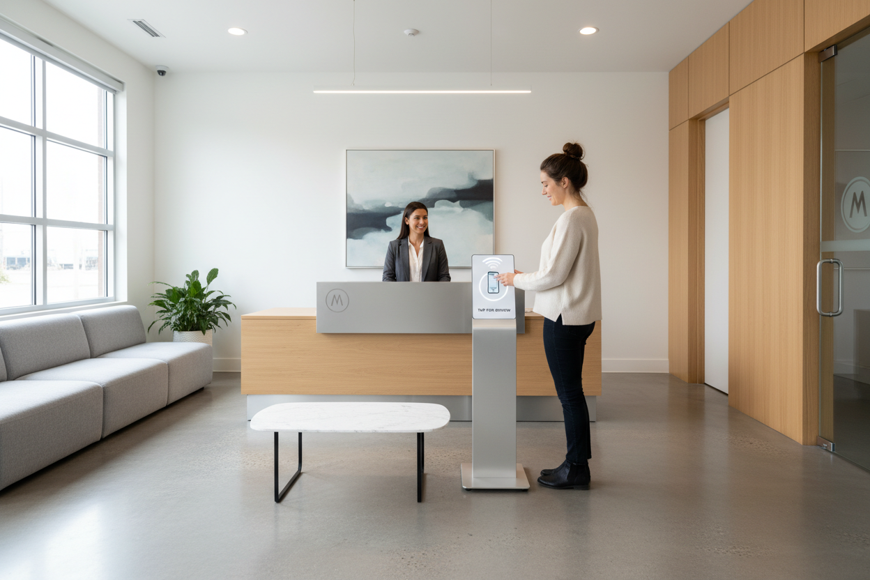 Silver NFC kiosk with tap-to-review sign, used for customer feedback collection in modern office lobby