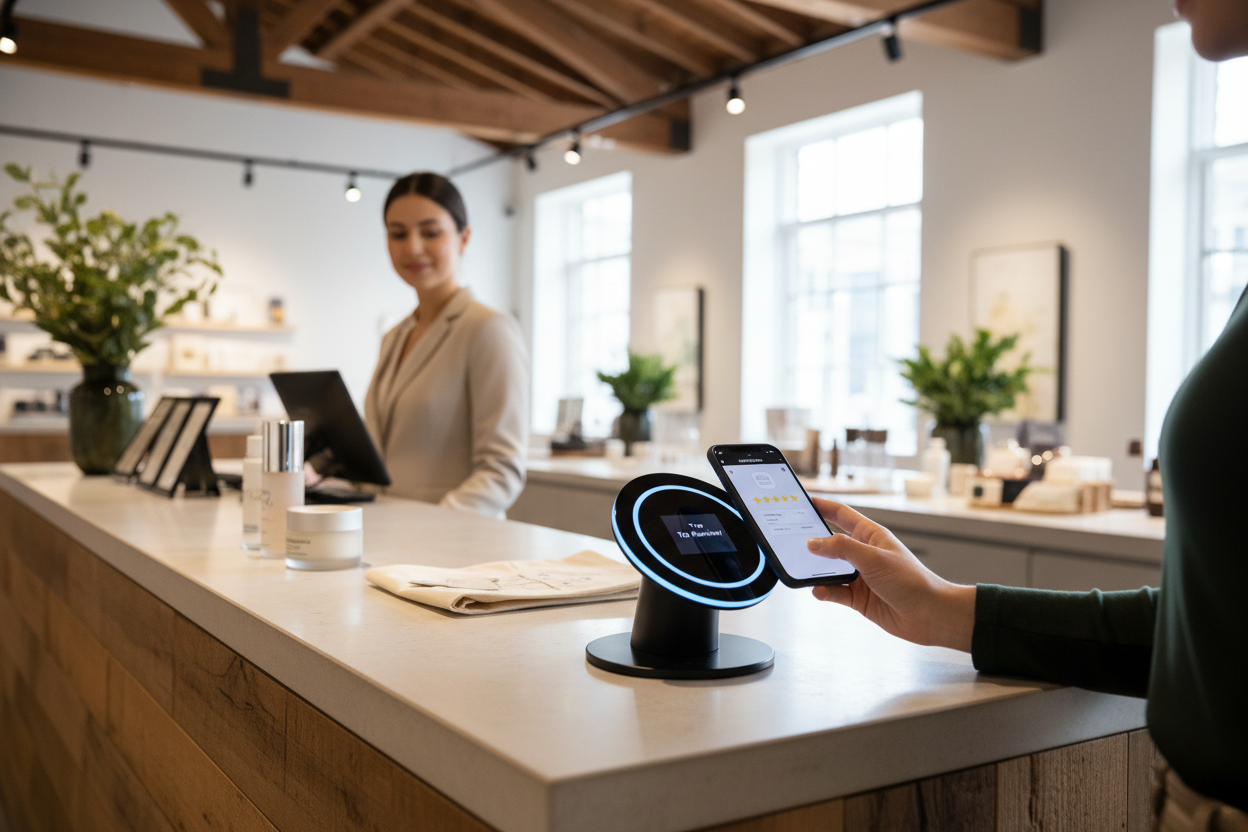 customer tapping smartphone on NFC google review stand to leave review instantly