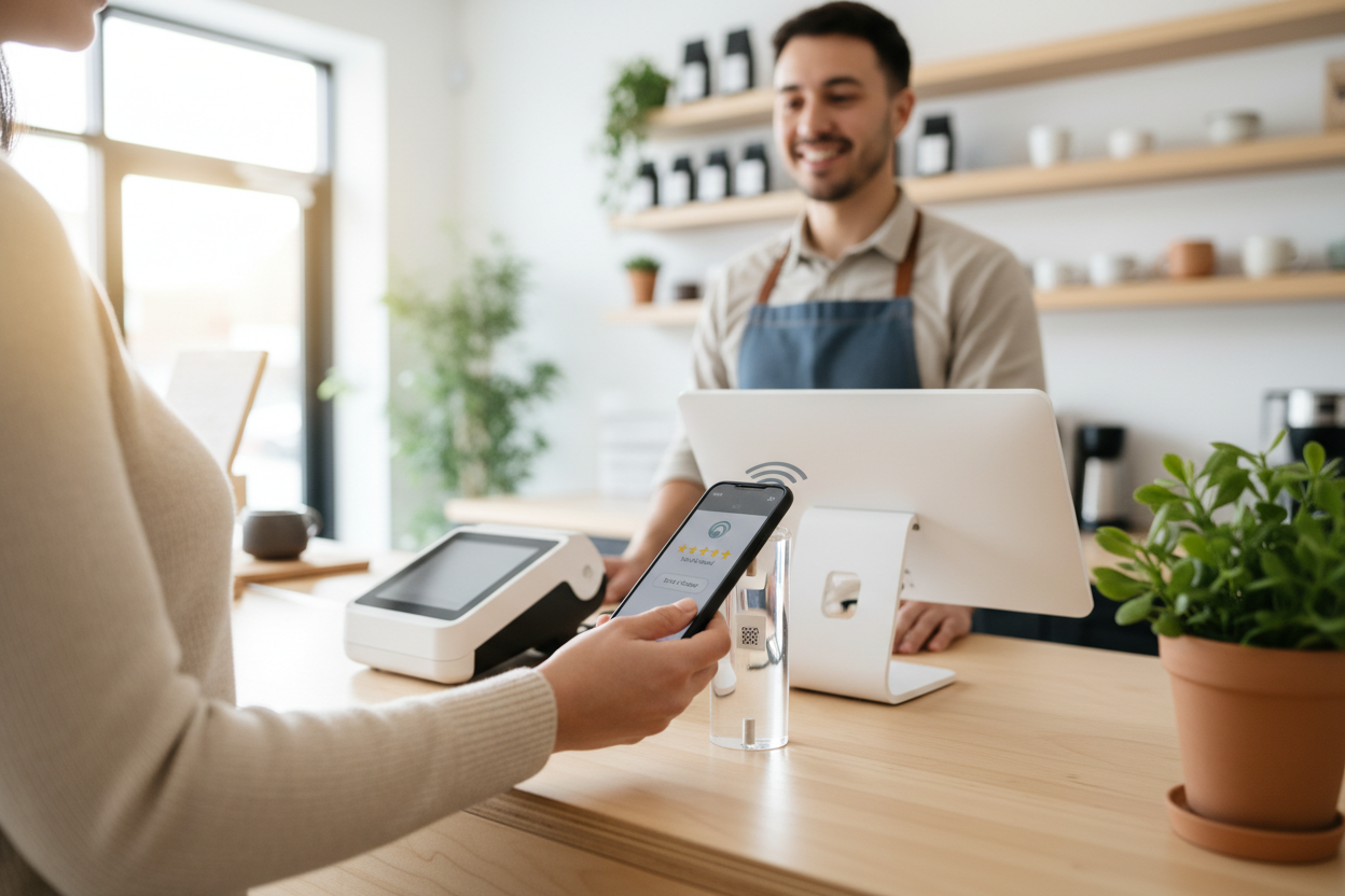 small business owner collecting google reviews using NFC stand at checkout counter