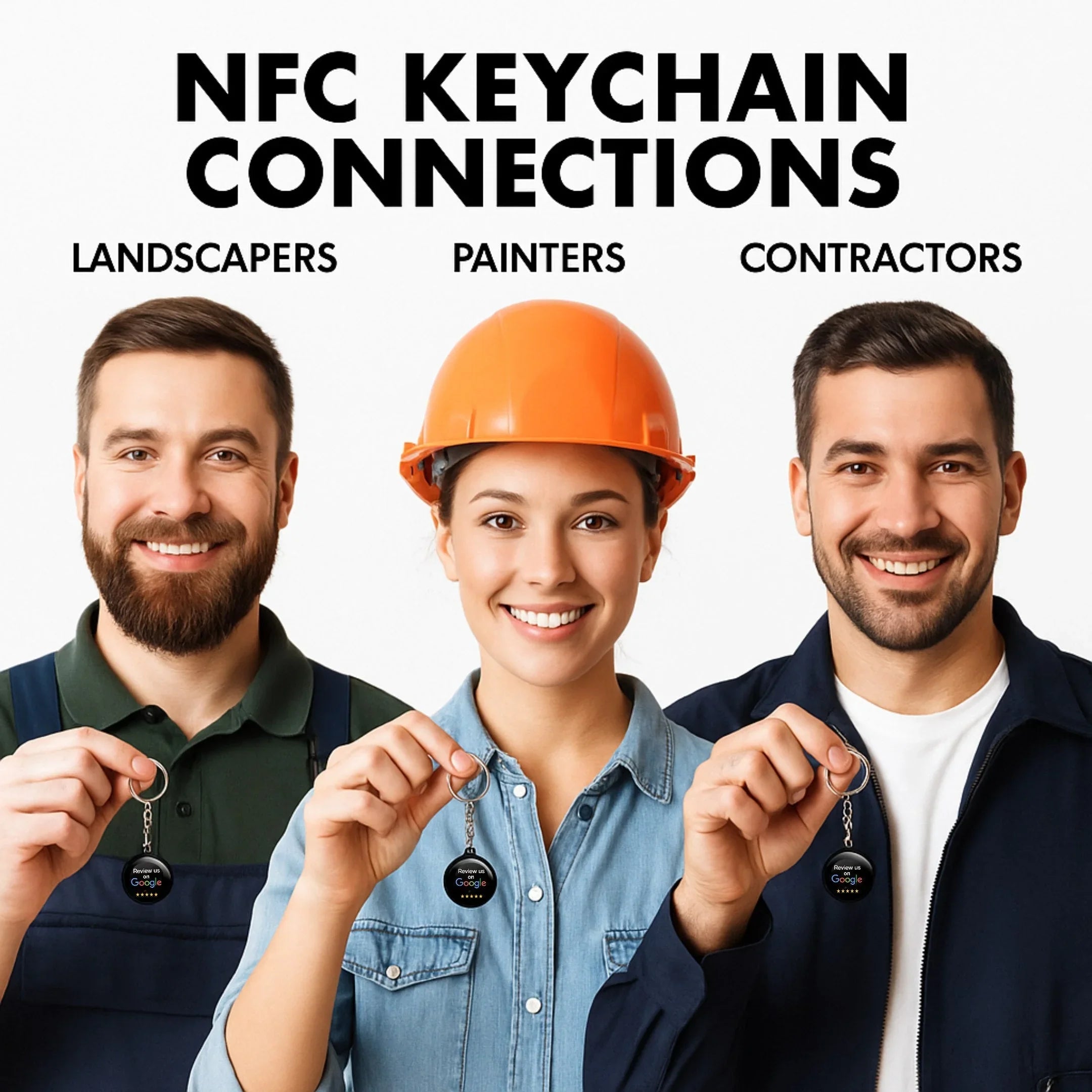 Smiling landscaper, painter in orange helmet, and contractor holding NFC Google review keychains