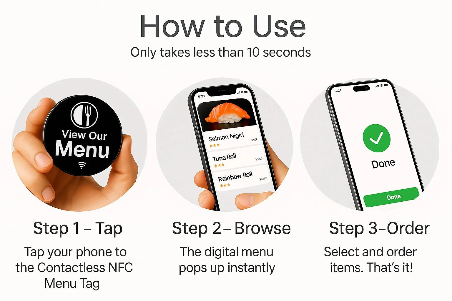 Step-by-step instructions for using contactless NFC menu: Tap device, browse sushi menu, and order on phone
