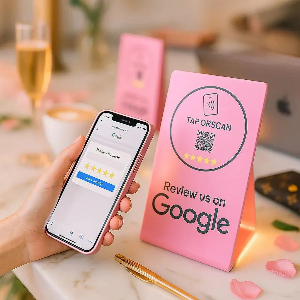 Hand holding smartphone with Google review five-star rating beside pink Google review QR code stand on table