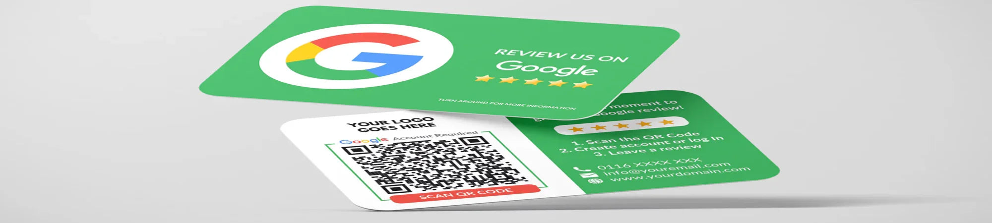 Green and white Google review QR code cards with star ratings and contact info